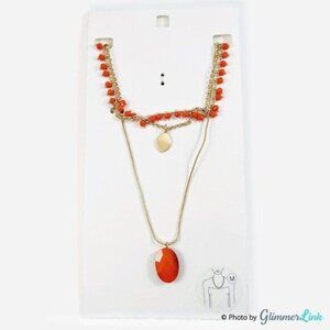 NWT Boho Triple Strand Gold Tone Orange Beaded Layered Necklace